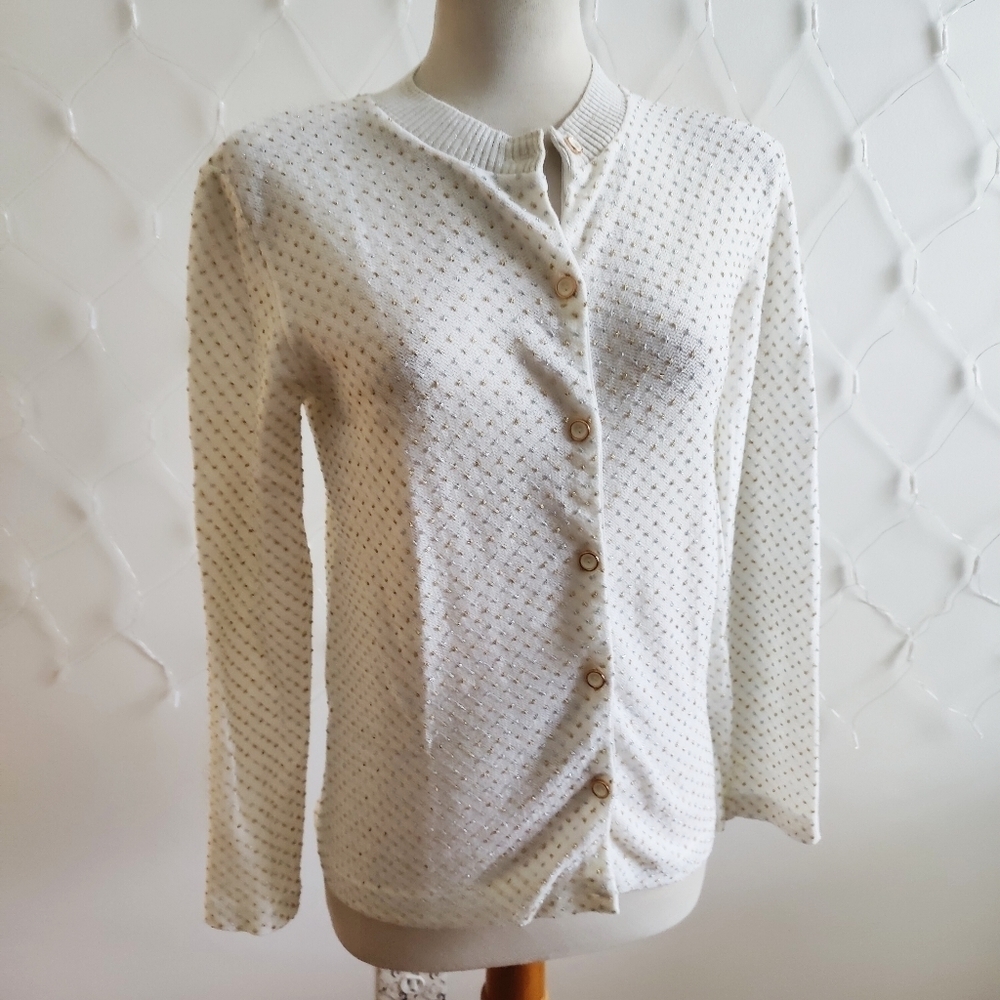 ¤°Vintage Cardigan • Metallic Gold Silver Swiss Dot Metallic Knit • 60s • Small